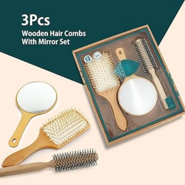 3Pcs Wooden Hair Combs With Mirror Set Grooming Comb Perfect Gift
